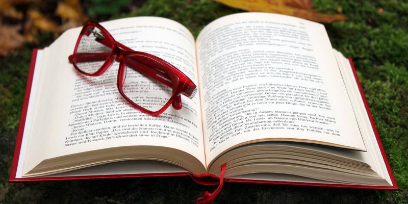 An open book on forest floor, red-framed glasses.