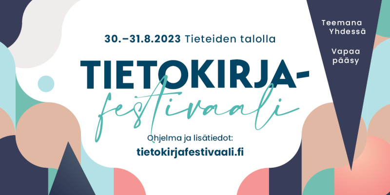 vihreäsävyinen teksti Tietokirjafestivaali valkoisella pohjalla, kuvan reunoilla tummansinisiä, vihreitä ja oransseja kuvioita