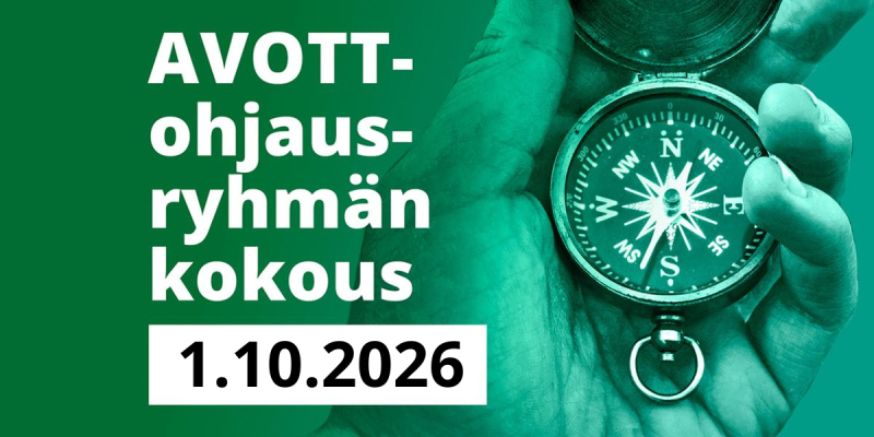 Vihreää taustaa vasten valkoinen teksti "AVOTT-ohjausryhmän kokous 1.10.2026" ja kuva kädessä olevasta kompassista.