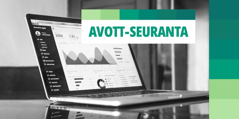 Text: AVOTT-seuranta. On the background there is a laptop with analytics on the screen.