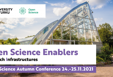 Greenhouse in the Turku University Botanical Gardens, partially covered by information about the event: Open Science Enablers – Research Infrastructures, Open Science Autumn Conference 24–25.11 plus the Turku University and Open Science logos.