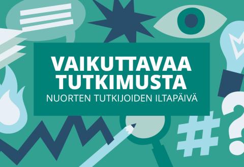 Teksti: Vaikuttavaa tutkimusta - nuorten tutkijoiden iltapäivä. Piirroskuvituksena suurennuslasi, liekki, hashtag-symboli, silmä ja kysymysmerkki. 