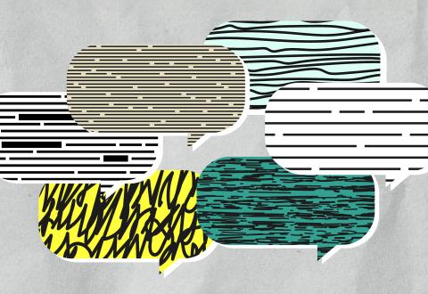 Kuvitus, jossa erilaisia puhekuplia. 