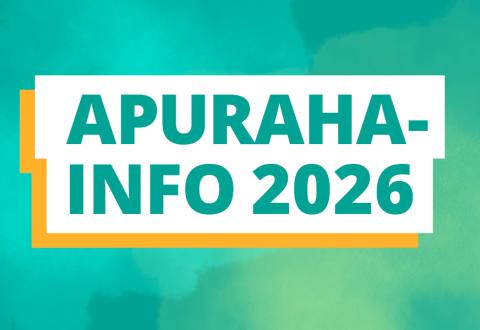 Turkoosi teksti valkoisella pohjalla ja turkoosilla taustalla "Apurahainfo 2026"